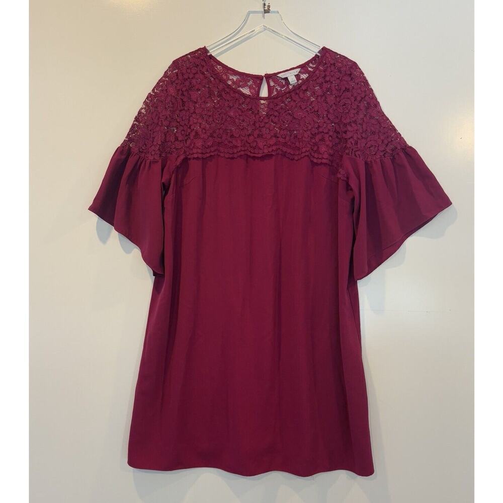Boutique+ Magenta Lace Yoke Flutter Sleeve Shift Dress Womens Plus‎ Size 1X